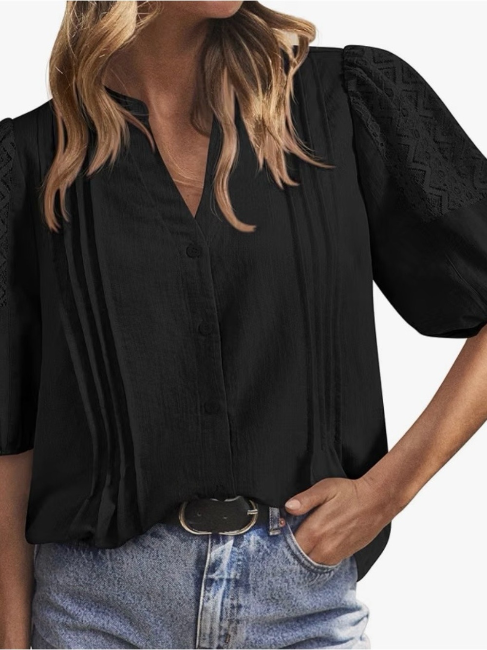 Black Pintuck Button-Front Blouse with Lace Puff Sleeves